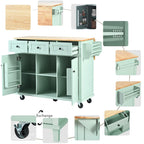5-Wheel White Kitchen Cart with Rubberwood Drop-Leaf Countertop, Internal Storage Racks and 3-Drawer Cabinet