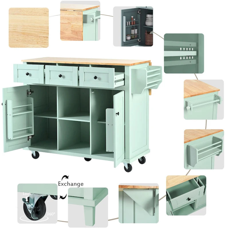 5-Wheel White Kitchen Cart with Rubberwood Drop-Leaf Countertop, Internal Storage Racks and 3-Drawer Cabinet
