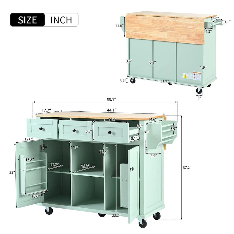 5-Wheel White Kitchen Cart with Rubberwood Drop-Leaf Countertop, Internal Storage Racks and 3-Drawer Cabinet