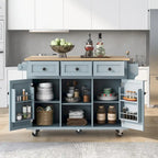 5-Wheel White Kitchen Cart with Rubberwood Drop-Leaf Countertop, Internal Storage Racks and 3-Drawer Cabinet