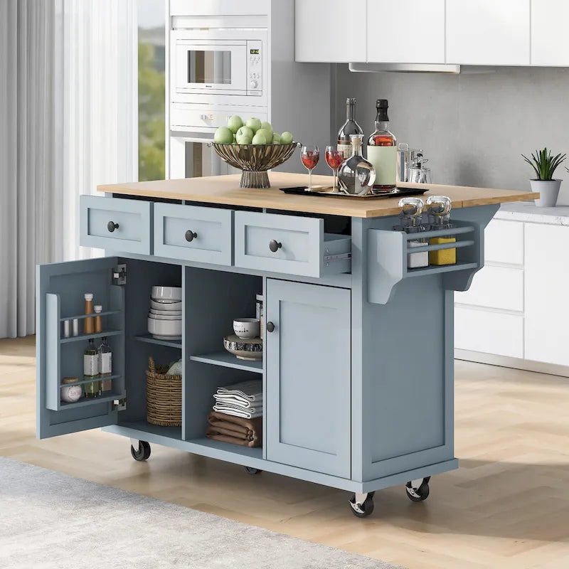 5-Wheel White Kitchen Cart with Rubberwood Drop-Leaf Countertop, Internal Storage Racks and 3-Drawer Cabinet