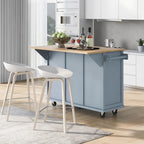 5-Wheel White Kitchen Cart with Rubberwood Drop-Leaf Countertop, Internal Storage Racks and 3-Drawer Cabinet
