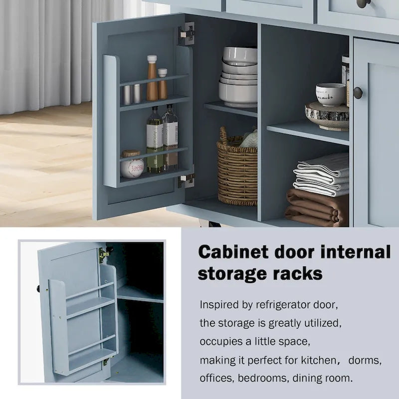5-Wheel White Kitchen Cart with Rubberwood Drop-Leaf Countertop, Internal Storage Racks and 3-Drawer Cabinet