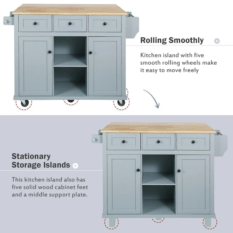 5-Wheel White Kitchen Cart with Rubberwood Drop-Leaf Countertop, Internal Storage Racks and 3-Drawer Cabinet