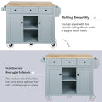 5-Wheel White Kitchen Cart with Rubberwood Drop-Leaf Countertop, Internal Storage Racks and 3-Drawer Cabinet