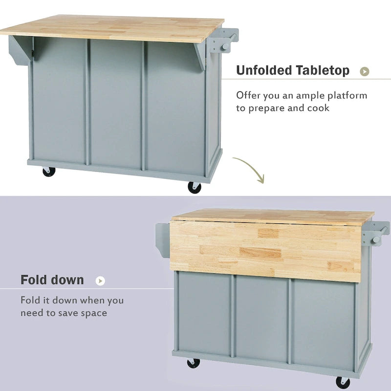 5-Wheel White Kitchen Cart with Rubberwood Drop-Leaf Countertop, Internal Storage Racks and 3-Drawer Cabinet
