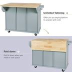 5-Wheel White Kitchen Cart with Rubberwood Drop-Leaf Countertop, Internal Storage Racks and 3-Drawer Cabinet