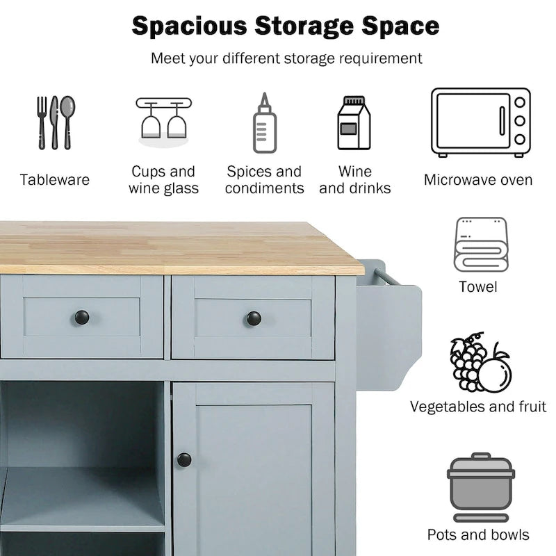 5-Wheel White Kitchen Cart with Rubberwood Drop-Leaf Countertop, Internal Storage Racks and 3-Drawer Cabinet