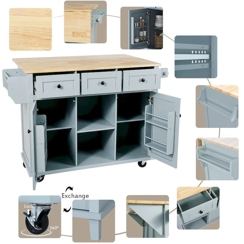 5-Wheel White Kitchen Cart with Rubberwood Drop-Leaf Countertop, Internal Storage Racks and 3-Drawer Cabinet