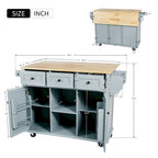 5-Wheel White Kitchen Cart with Rubberwood Drop-Leaf Countertop, Internal Storage Racks and 3-Drawer Cabinet