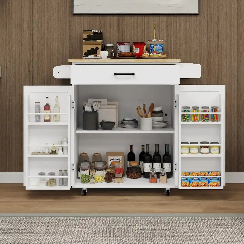 Kitchen Island Rolling Trolley Cart with Drawer, Doors, Storage Racks and Adjustable Shelves