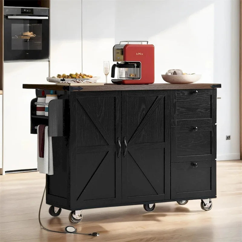 54.5 in. Wood Rolling Kitchen Island with Power Outlet and Internal Storage Rack