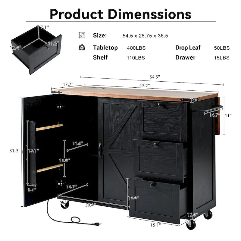54.5 in. Wood Rolling Kitchen Island with Power Outlet and Internal Storage Rack