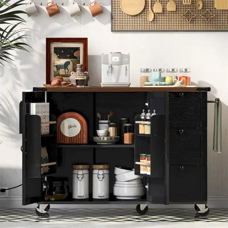 54.5 in. Wood Rolling Kitchen Island with Power Outlet and Internal Storage Rack
